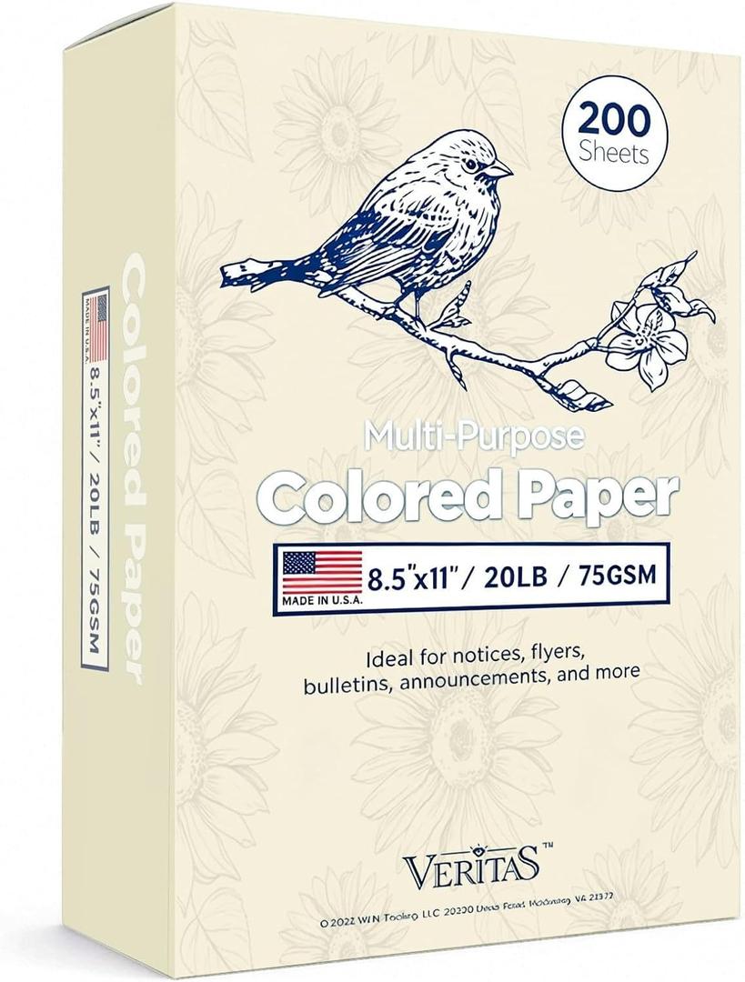 WritePads Veritas Colored Copy Paper, Cream Multi-Purpose paper,Colored Printer Paper 8.5 x 11, 20 lb / 75 GSM, Cream,200 Sheet, Made in USA