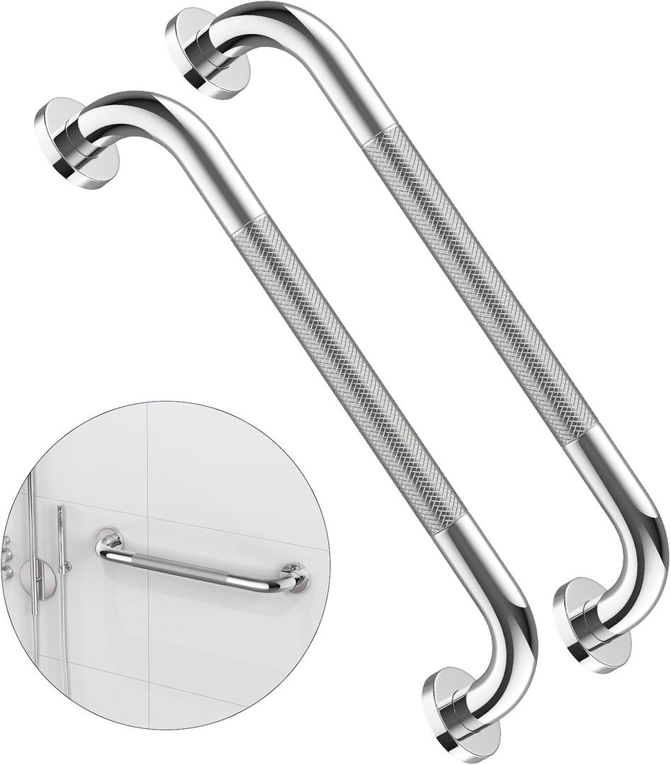 2 Pack 16 Inch Anti Slip Shower Grab Bar Handle, ZUEXT Chrome Stainless Steel Bathroom Grab Bar, Knurled Bathroom Balance Bar,Safety Hand Rail Support,Handicap Elderly Injury Senior Assist Bath Handle
