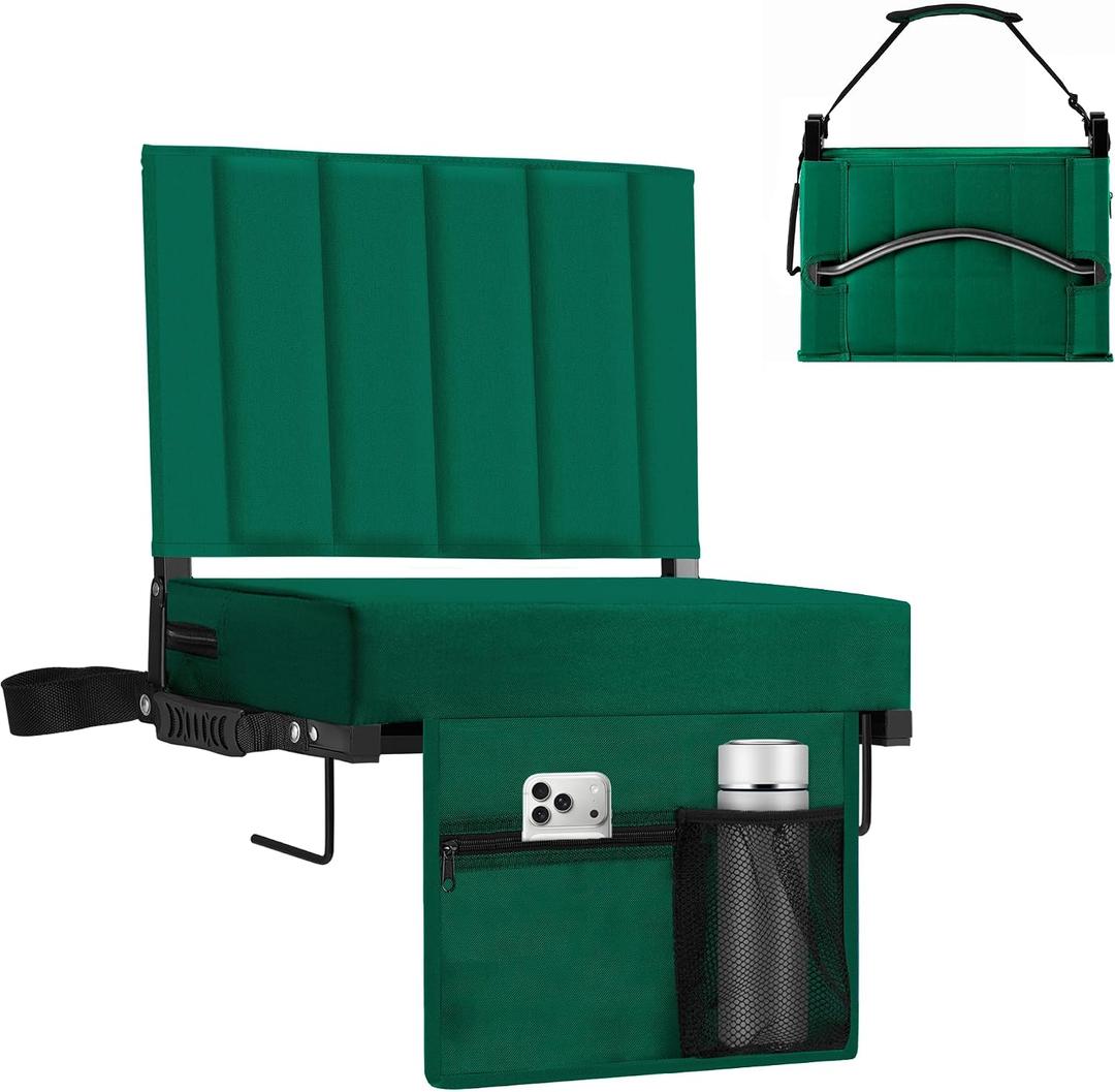Stadium Seat for Bleachers with Back Support 2 Pack, Portable Bleacher Seat with Padded Cushion, Metal Hook, Folding Stadium Chair with Shoulder Strap, Carry Handle, Cup Holder, Green