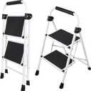 2-Step Folding Step Ladder, 330 lbs Heavy-Duty Metal Step Stool with Wide Anti-Slip Pedals & Support Handle, Lightweight Portable Ladder for Home, Kitchen & Indoor Tasks  Black