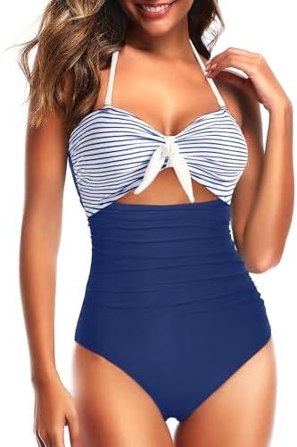Tempt Me Women Sexy Cutout One Piece Swimsuits Tummy Control High Waisted Halter Front Tie Knot Bathing Suit, Size: XL