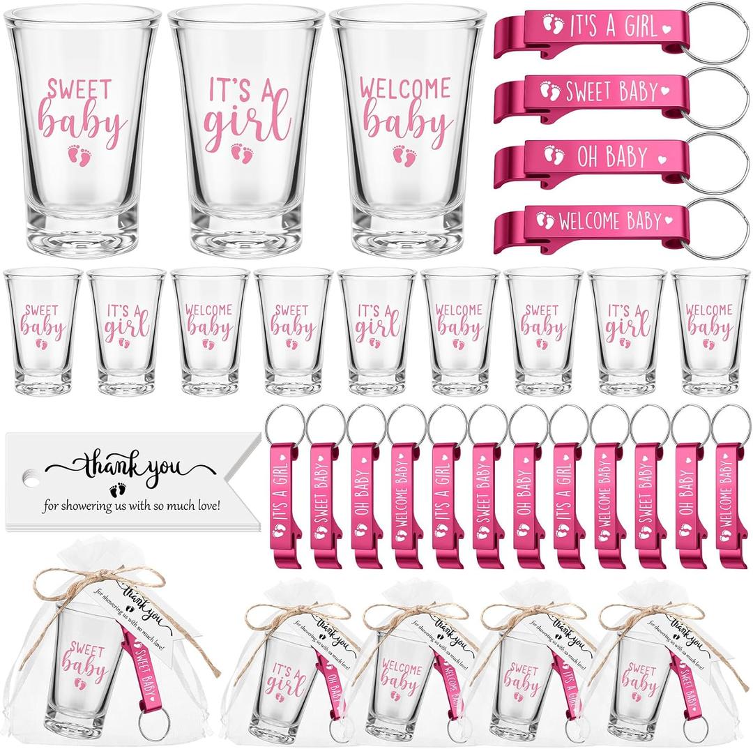 Pickmesh 96 Pcs Baby Shower Party Favors for 24 Guest, Boy or Girl Shot Glasses Gifts, Bottle Openers, Thank You Tags, Organza Bags Baby Shower Prizes for Guest Return Gifts Gender Reveal Party(Pink)