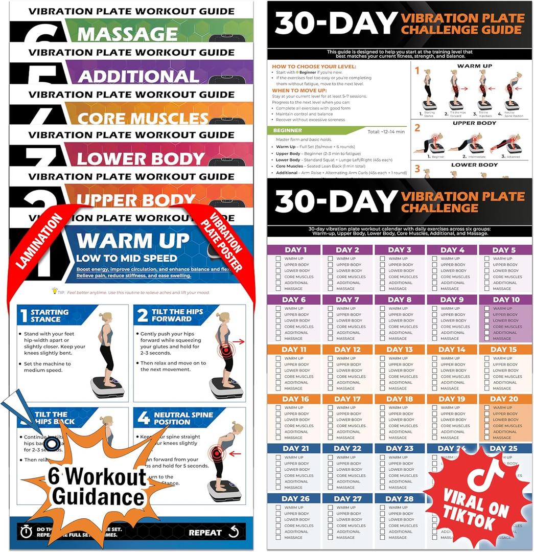 POCAZONE Vibration Plate Workout Poster, Full-Body Exercises + 30-Day Personalized Plan, Beginner to Advanced Guidance, Fits All Vibration Machines, Home Fitness & Recovery