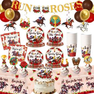 123pcs Derby Day Party Decorations Kentucky Horse Racing Tableware Set Run for the Roses Party Supplies Include Paper Plate Cup Napkin Tablecloth Banner Hanging Swirls Bolloons Topper/Serves 20