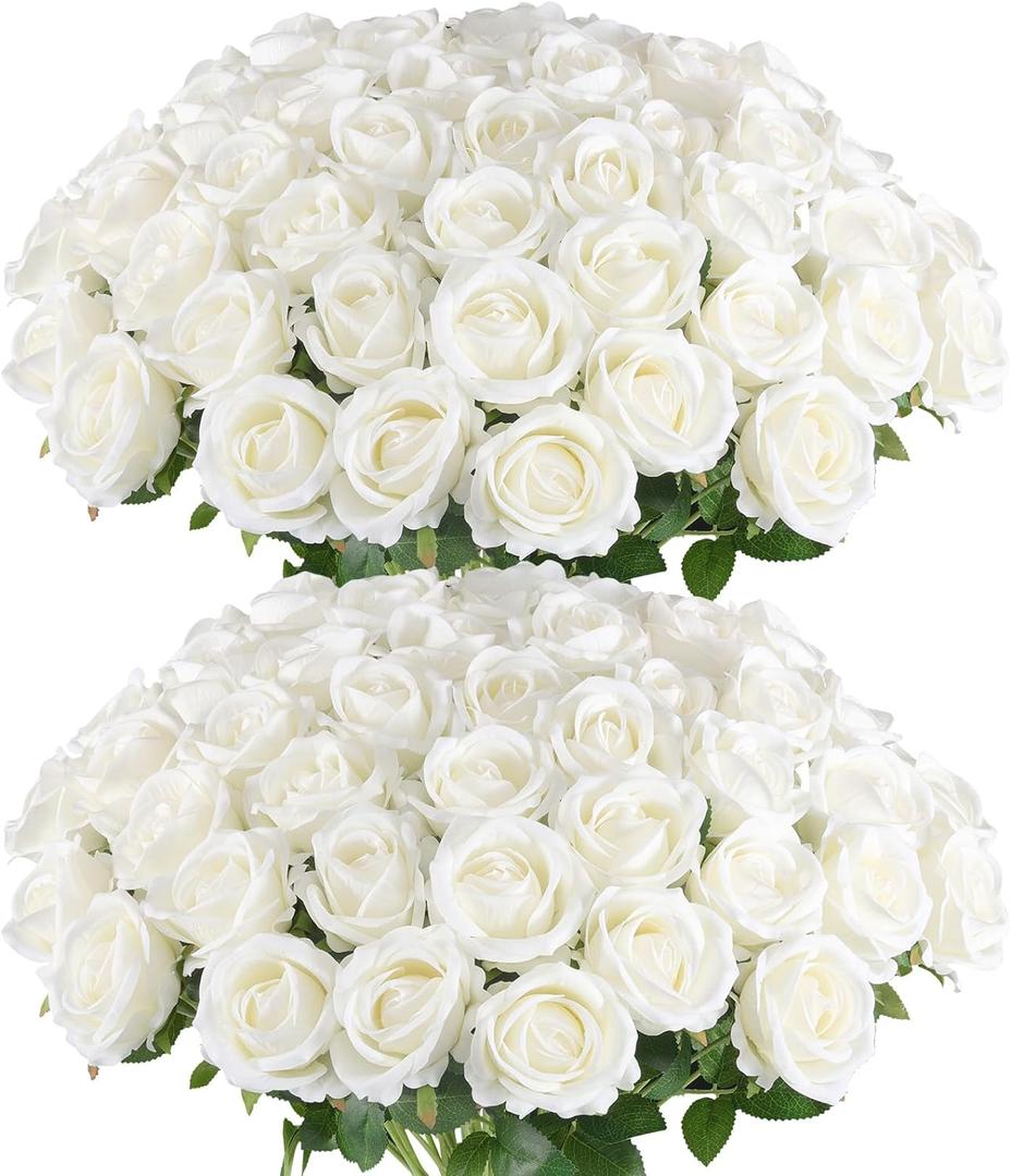 Hananona Artificial Roses in Bulk, Fake Velvet Silk Roses Realistic Rose for Wedding Centerpieces Flower Arrangement Home Decor (50, White)