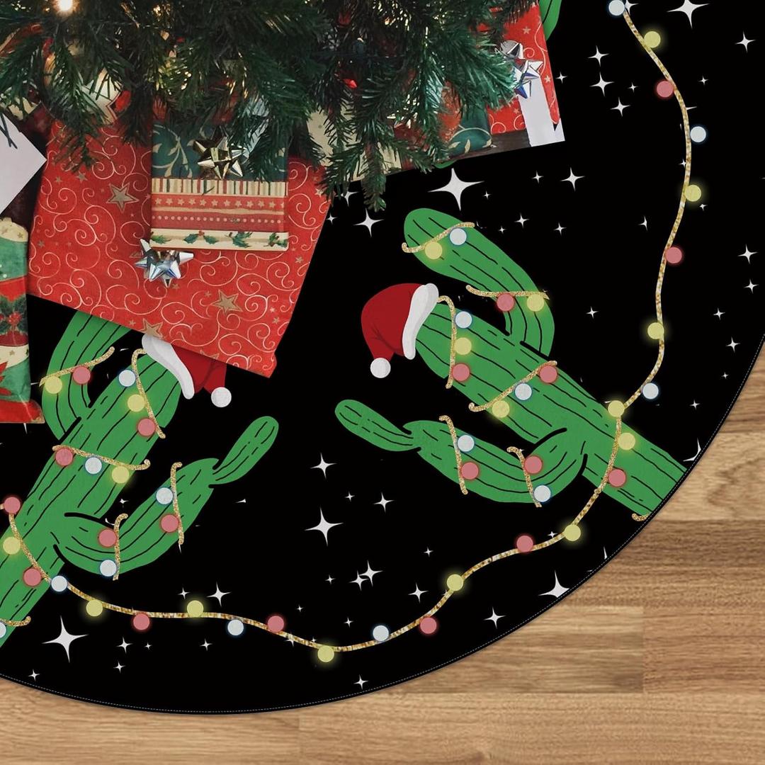 Christmas Tree Skirt Black Tree Skirt Green Cactus Xmas Winter Tree Skirt 48 Inch for Black Christmas Indoor Outdoor Decorations