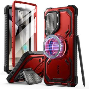 i-Blason Armorbox for Samsung Galaxy S25 Ultra Case MagSafe with Camera Cover Stand [Support Wireless Charger] 360 Full-Body Case with Screen Protector & Kickstand Phone Case for S25 Ultra, Red