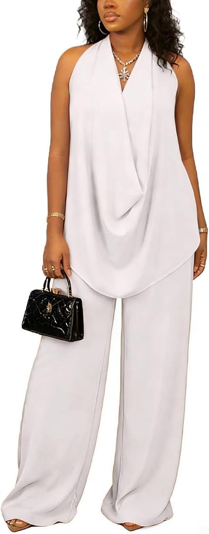 Vssjavun Women's Summer 2 Piece Outfits Cowl Neck Sleeveless Halter Tops and Wide Leg Pants Vacation Beach Matching Sets 2026 (White, XXL)