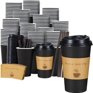 Lamosi 16 oz Coffee Cups 50 Pack, Disposable Coffee To Go Cups with Lids, Stir Sticks and Sleeves, 16 oz Black Hot Paper Cup for Home, Travel, Office (EXP 05/09/30)