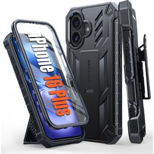 FNTCASE for iPhone 16 Plus Case: Military Grade Rugged Cell Phone Cover with Kickstand & Holster | Shockproof TPU Protection Bumper Matte Textured Design for iPhone 16 Plus Cases 6.7 inch - Black