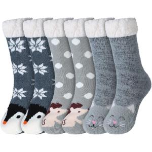 3 Pairs Women Fuzzy Slipper Socks with Grips Winter Warm Soft Fluffy Cozy Sleeping Socks Non Skid Cute Cat Animal for Winter Home House