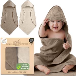 100% Organic Cotton Muslin Baby Hooded Towels 32x32 Inch  2 Pack Soft & Absorbent Hooded Baby Towels For Boys & Girls, Premium Hooded Towels, Ultra-Gentle Baby Essentials in Deep Olive/Ivory