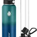 Insulated Water Bottle 32 oz with Straw, Stainless Steel Wide Mouth Water Bottle, Double Wall Vacuum Leak Proof with Straw Lid & Spout Lid for Sports or Office, Keep Cold or Hot Up to 24 Hrs (Green & Blue)