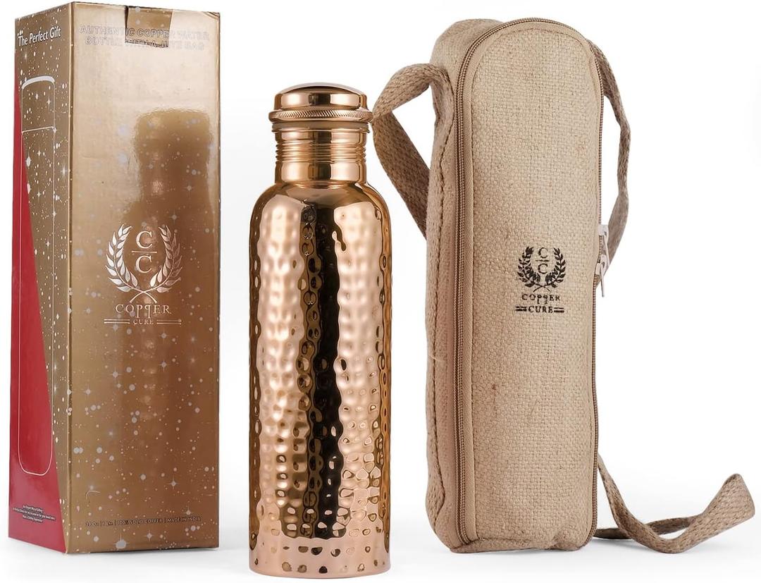 Pure Copper Water Bottle 34 Ounce with Jute Carry Bag  Hammered Leakproof Ayurvedic Copper Vessel for Drinking Water - Reusable Bottle for Home, Office, Gym, Travel & Gifting