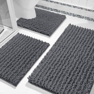 Yimobra Bathroom Rugs Sets 3 Piece, Fluffy Plush Chenille Bath Room Mats Set with Toilet Rug U Shaped, Soft Shaggy Absorbent Non Slip Shower Rug for Sink, Laundry Room Mat, Machine Washable, Dark Gray (24.4"x20.4" + 31.5"x19.8"+ 44.1"x24")