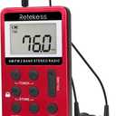 Retekess V112 AM FM Portable Pocket Radio, FM Receiver, Digital Tuning Stereo, with Headphones, Rechargeable Battery, for Walking, Jogging, Training, Church (Red)