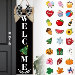 Holiday Interchangeable Welcome Sign for Front Door Wood Porch Sign with 24 Pcs Seasonal Icons Home Farmhouse Welcome Outdoor Seasonal Icons Halloween Festival Decoration(Black, 31.5 Inches)