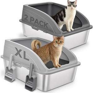 2 Pack Stainless Steel Cat Litter Box with Lid, XL Extra Large for Big Cats, 24" L x 16" W x 12" H, Metal Litter Box High Sided, Easy Cleaning, Include Scoop (Dark Gray & Light Gray)