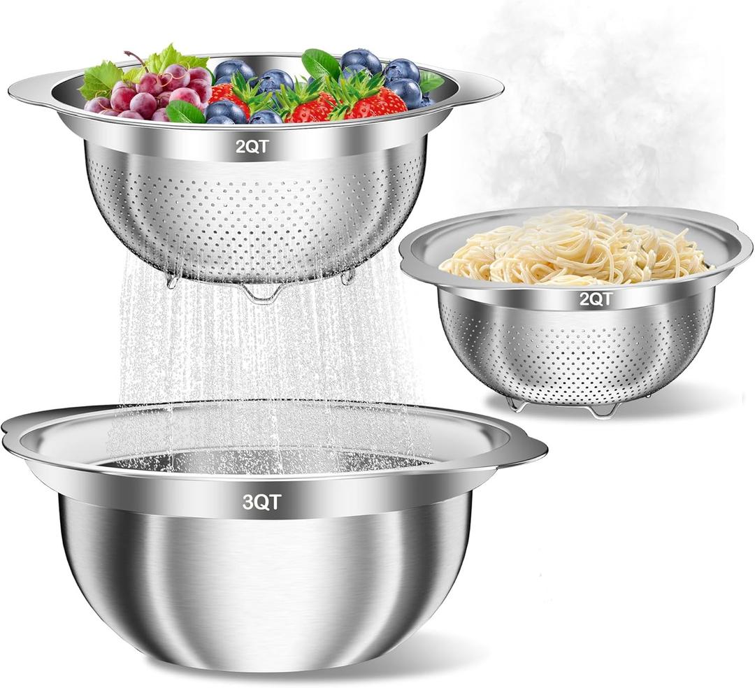 Stainless Steel Colanders with Mixing Bowl - 2.0QT & 2.0QT Strainer and Colander with Handle, 3.0QT Nesting Kitchen Bowl with Colander For Pasta, Vegetables, Fruit, Rice, 3PCS (Silver)