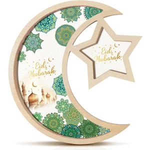 Ramadan Serving Tray Moon Star Eid Mubarak Wood Tray Table Plate Decor Gift Ramadan Platter Decoration for Table Islam Muslim Party Tableware for Home Party Dessert Snack(Green Floral)
