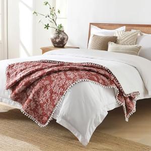 Ultra Soft Pre-Washed Quilted Throw Blanket, Floral Printed Pompom Fringed Dark Terracotta Decorative Throws, Chic Rustic Blanket for Sofa Couch Bed Chair, 60"x 80"