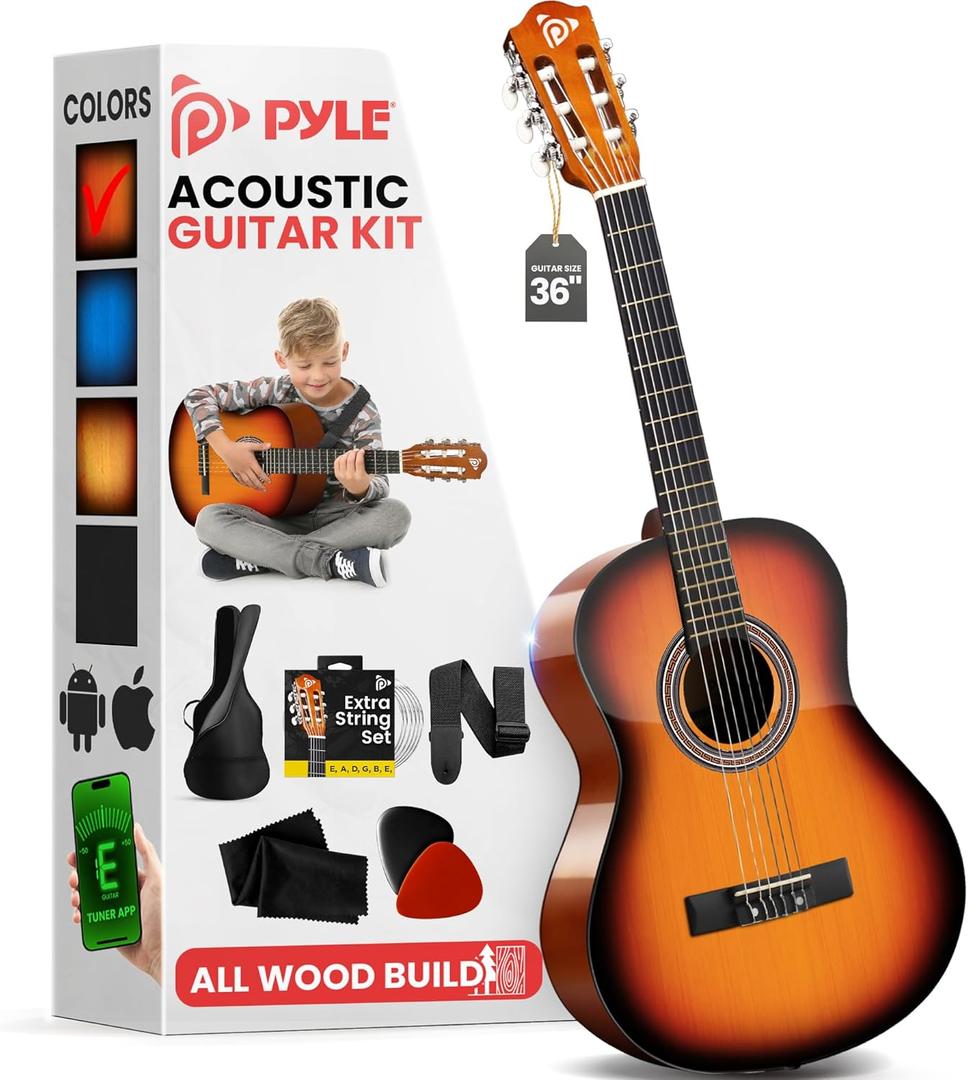 Pyle Beginner Acoustic Guitar Kit, 3/4 Junior Size All Wood Instrument for Kids, Adults, 36" Sun Burst (Glossy Sun Burst)