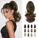SOFEIYAN 13" Ponytail Extension Long Curly Ponytail Clip in Claw Hair Extension Natural Looking Synthetic Hairpiece for Women, Dark Brown/Golden Auburn