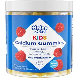 Tinies bers Calcium Glycinate Gummies for Kids, 200mg Calcium with Multivitamins, Methyl B12, Support Daily Growth, Energy, Vegan, Pectin, Berry, Sugar Free, 90
