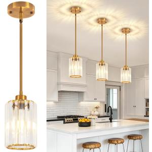 Brushed Gold Pendant Light Fixtures Modern Crystal Kitchen Hanging Lights | 1 Pack Hallway Entryway Ceiling Lights, Adjustable Height Pendant Lighting for Dining Room Bathroom Over Island Above Sink