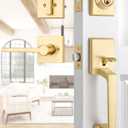 EHOMEWARE Gold Front Door Handle Set, Brass Heavy Duty Square Door Lever & Single Cylinder Deadbolt Combo Reversible for Entrance Exterior Doors 1 Set