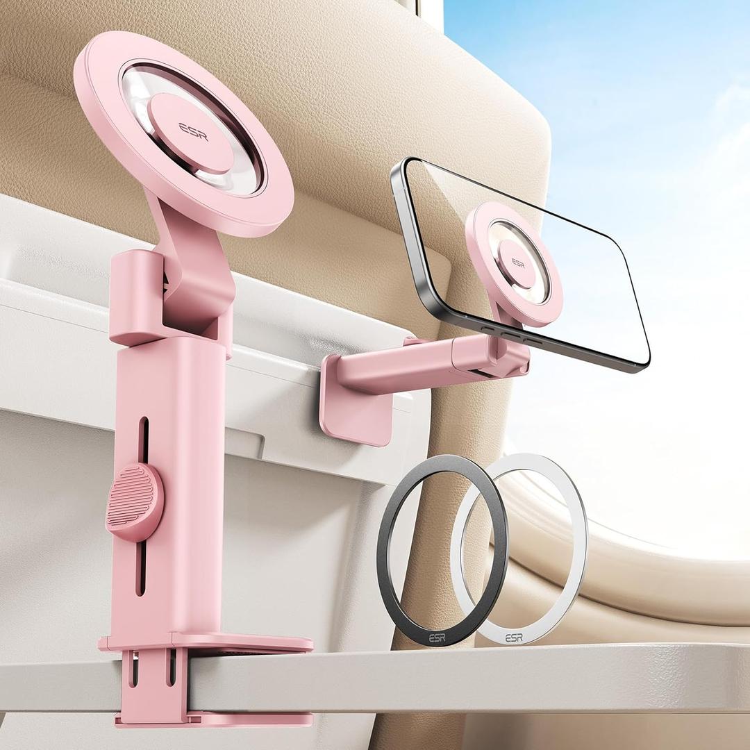 ESR for MagSafe Airplane Phone Holder, Airplane Travel Essentials, Portable Travel Phone Holder, Magnetic Plane Phone Mount for iPhone 17 16 16e 15 14 13 12, Samsung, Android, Google, Pink