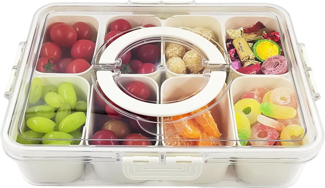 Snack Box Container, Divided Serving Tray with Lid and Handle Snackle Box Container, Snack Organizer for Adults Fruit, Veggie, Perfect for Party, Entertaining (1 PC - 8 Compartments)