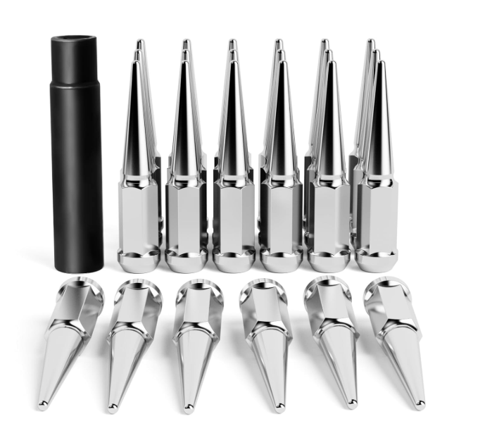 25 pcs 
14x1.5 Spiked Lug Nuts 6x5.5 Chevy, Chrome Spike Lug Nuts Chevy Silverado 6 Lug Conical Bulge Seat with 1 Socket Key Fit Silverado Suburban GMC Sierra Yukon Dodge Ram 1500 Ford F150 Aftermarket Wheel