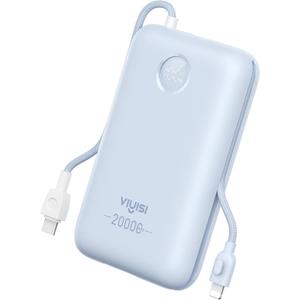 VIYISI Portable Charger 20000mAh 30W Fast Charging, Power Bank with Built-in Cables & LED Display, USB C Battery Pack for iPhone, Samsung, iPad and Android Phones, Ideal for Travel -Light Blue