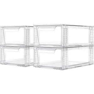 4 Pack Clear Stackable Storage Drawers, 3.95" H Easily Assemble Acrylic Organizer Bins - Multi-Use for Make up, Closet, Pantry, Bathroom, Medicine, Kitchen Cabinet & Undersink Organization