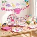 124 Pcs Three Rex Birthday Decorations Dinosaur 3rd Birthday Party Tableware Pastel Three Rex Party Supplies, Dino Disposable Paper Plate, Napkin, Banner, Serves 24(Girls Style)
