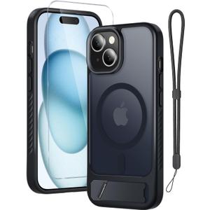 for iPhone 15 Case & iPhone 14 Case with Screen Protector+Lanyard Wrist Strap,Magnetic Translucent Matte Rugged Slim Phone Cover Built in Invisible Kickstand [Fit for MagSafe],Black