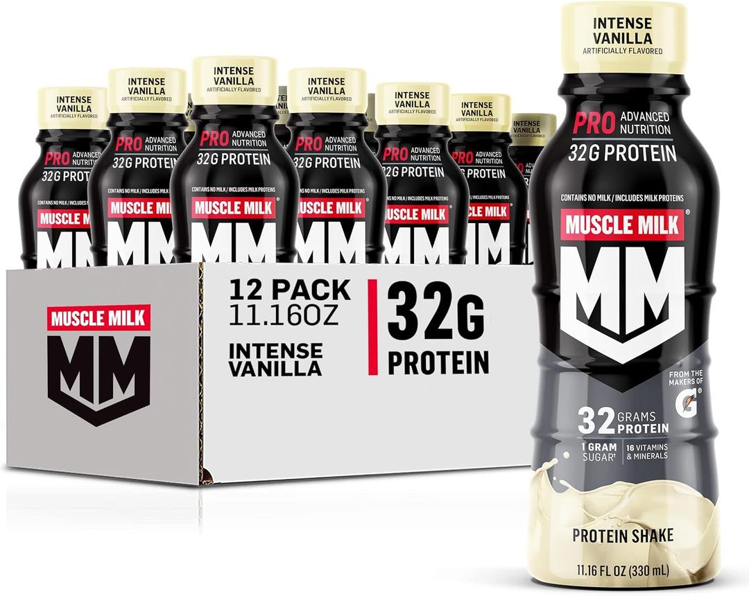 Muscle Milk Pro Advanced Nutrition Protein Shake, Intense Vanilla, 11.16 Fl Oz (Pack of 12), 32g Protein, 1g Sugar, 16 Vitamins & Minerals, 5g Fiber, Workout Recovery, Energizing Snack, Packaging May Vary, BBD 08/14/2026