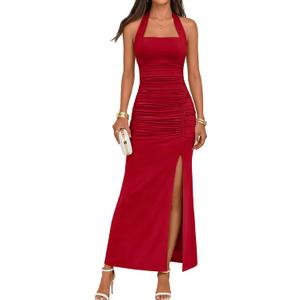 MEROKEETY Women's Wedding Guest Dress Summer Sleeveless Halter Backless Slit Ruched Beach Cocktail Formal Maxi Dresses (Large, Red)