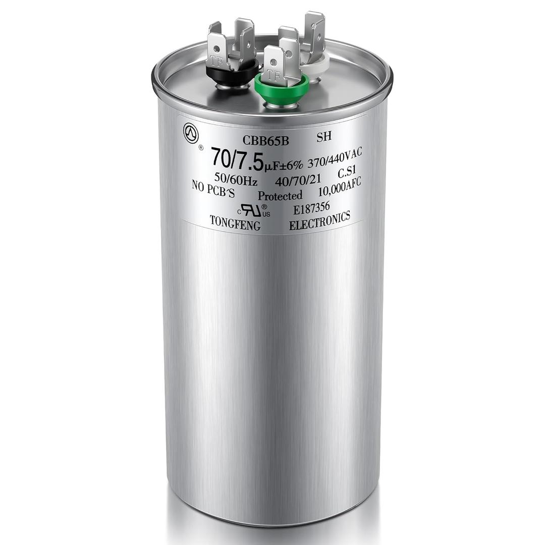 Dreyoo 70+7.5 uF 370/440V CBB65 Dual Run Round Capacitor for AC Motor, HVAC Capacitor, Air Conditioner Replacement, Heat Pump, Fan Start, Condenser Straight Cool, UL Listed