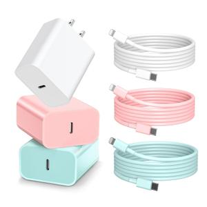 Phone Charger Fast Charging, 3 Pack 20W Type C Wall Charger Block, Fast Charging 20W Power Adapter Cube Compatible with Phone 14/Pro/Pro Max/Plus/13/12/11, XS/XR/X, Pad, Samsumg (White Pink Blue) (6FT)