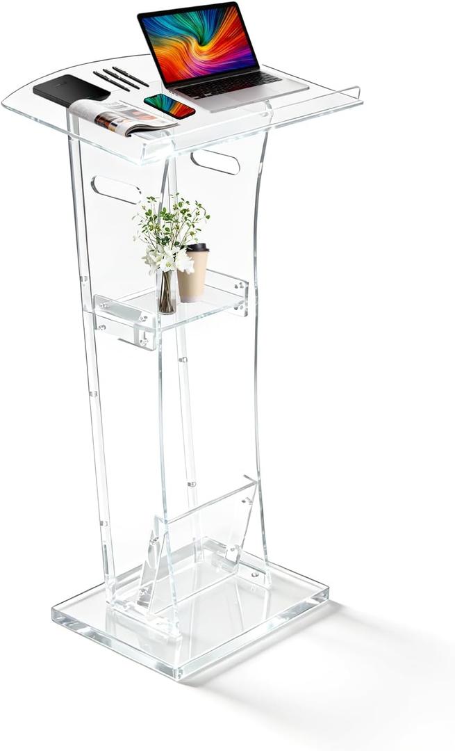 47" Transparent Clear Acrylic Podium&Lectern Stand Portable with Storage Shelf, pulpits for Churches, for Speech, for Presentation, Shtender