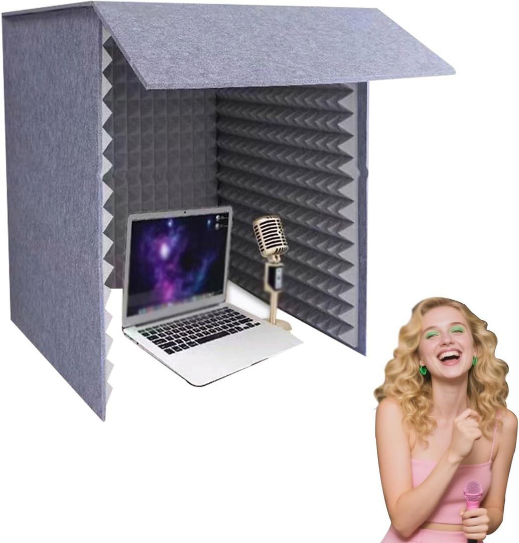 Desktop Soundproof Cover, Portable Vocal Booth, Microphone Isolation Booth Cube, Vocal Absorbing Shield, Small Music Recording Studio for Home Studio (Grey, 60x60cm)
