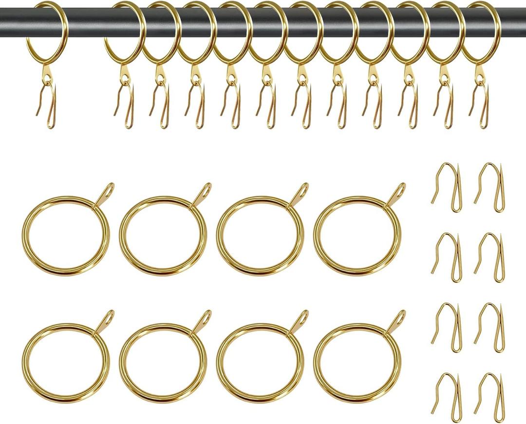 20 Packs Gold Curtain Rings and Shower Curtain Hooks Set, 30mm/1.18 Inch Internal Diameter Metal Drapery Pin Hooks for Window Door Drapes (Gold)