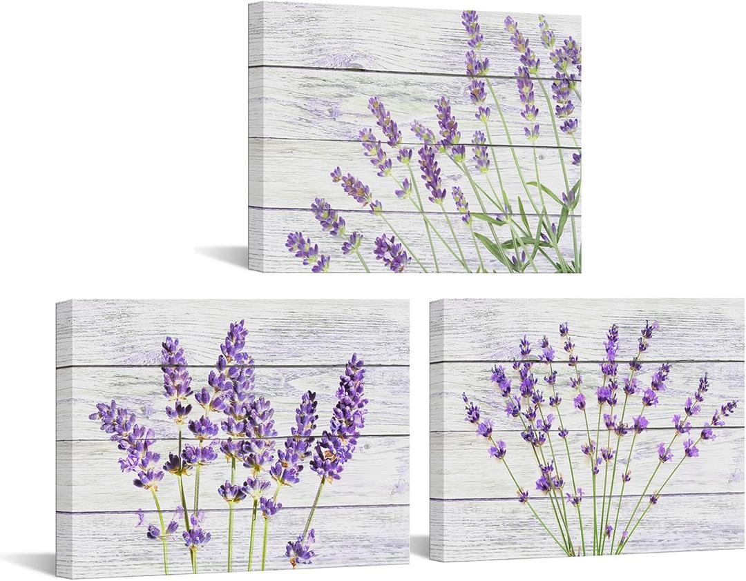Biuteawal Vintage Flower Wall Art 3 Piece Bathroom Purple Lavender Picture Painting Grey Wood Rustic Posters and Prints Botanic Canvas Artwork Living Room Bedroom Home Farmhouse Kitchen Ready to Hang
