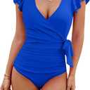 Blooming Jelly Women's Tummy Control Swimsuits Slimming One Piece Bathing Suit Ruffle Wrap V Neck Swimwear (XX-Large, Royal Blue)
