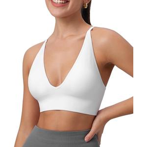 Womens Deep V-Neck Longline Sports Bra, Strappy Criss Cross Padded Cups Adjustable Spaghetti Straps Workout Yoga Crop Top (Large, White)