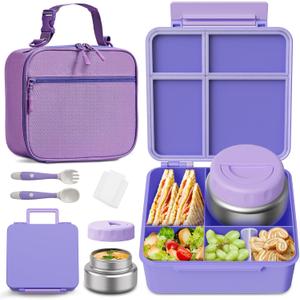 Bento Box for Kids with Thermo Food Container (9oz), 4-Compartment Lunch Box, Adjustable Divider, Leakproof Bento Lunch Box, Includes Utensils & Carry Bag for School, Office(Purple)