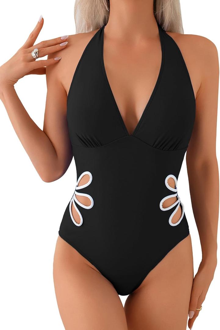 Leoparts Women's V Neck One Piece Swimsuits Halter Color Block Sunflower Side Cutout Slimming Bathing Suit Swimwear M
