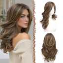 FESHFEN Brown Mixed Blonde Wavy Layered Wig with Curtain Bangs for Women, 20 Inch Long Synthetic Natural Looking Middle Part Hair Wig For Costume Party Daily Use